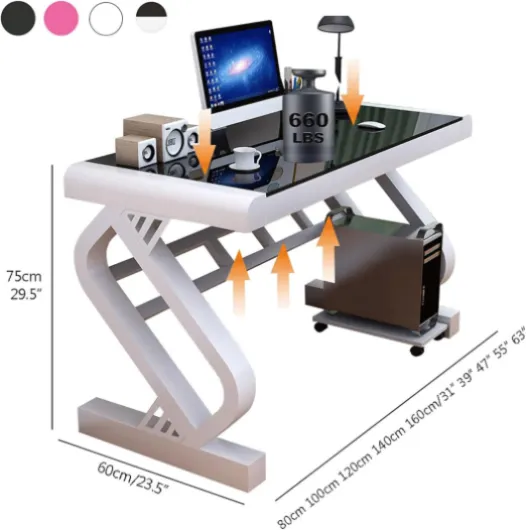 Tempered Glass Computer Desk,Modern Office Desk with Glass Top & Z-Shaped Metal Frame,Sturdy Writing Desk Table Study Desk,Gaming Desk Computer Desk for Home Office Workstation White Black 31.5"L x 23.6"W x 29.5"H
