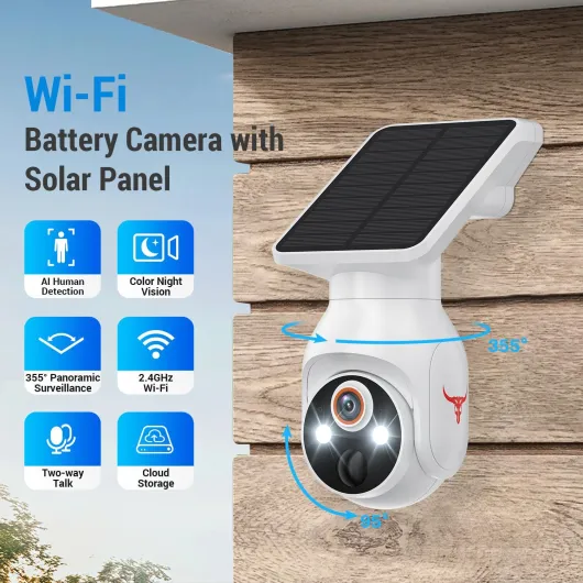 1080p Security Camera Wireless with Solar Panel, AI Human Detection, 2-Way Audio, Color Night Vision, 2.4G WiFi Only, Cloud Storage (Sold Separately), Indoor/Outdoor Surveillance Bullet Cam (WiFi)