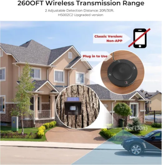 Non-APP Wireless Driveway Alarm — 1/2 Mile Solar Motion Sensor with Plug-in Receiver for Driveways, Homes, Large Properties, Weatherproof Outdoor Security System 1 receiver and 1 sensor