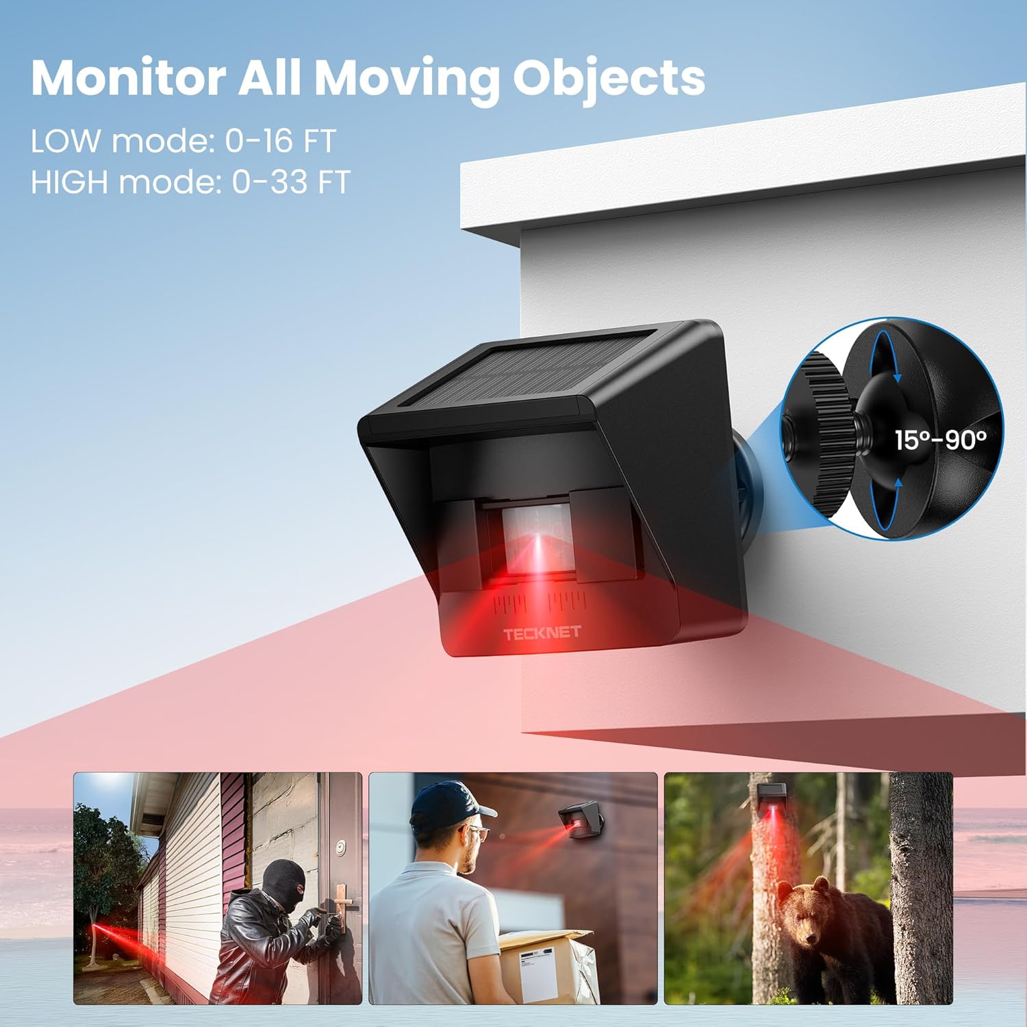 Solar Wireless Driveway Alarm with 2600FT Long Range & 36 Melodies & 5 Volumes and Supports 4 Zones Weatherproof Motion Sensor Alarm to Protect Inside/Outside Property (1 Receiver 1 Sensor) RGB Receiver and Sensor