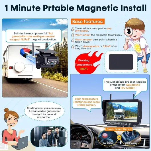 Magnetic Solar Wireless Backup Camera: 7" Portable 1 Min Easy Install Scratch-Proof No Delay Backup Camera for Truck Rechargeable HD 1080P for Pickup Trailer Small RV Camper Pemacom P15 7" Monitor w/ Cam for Trucks