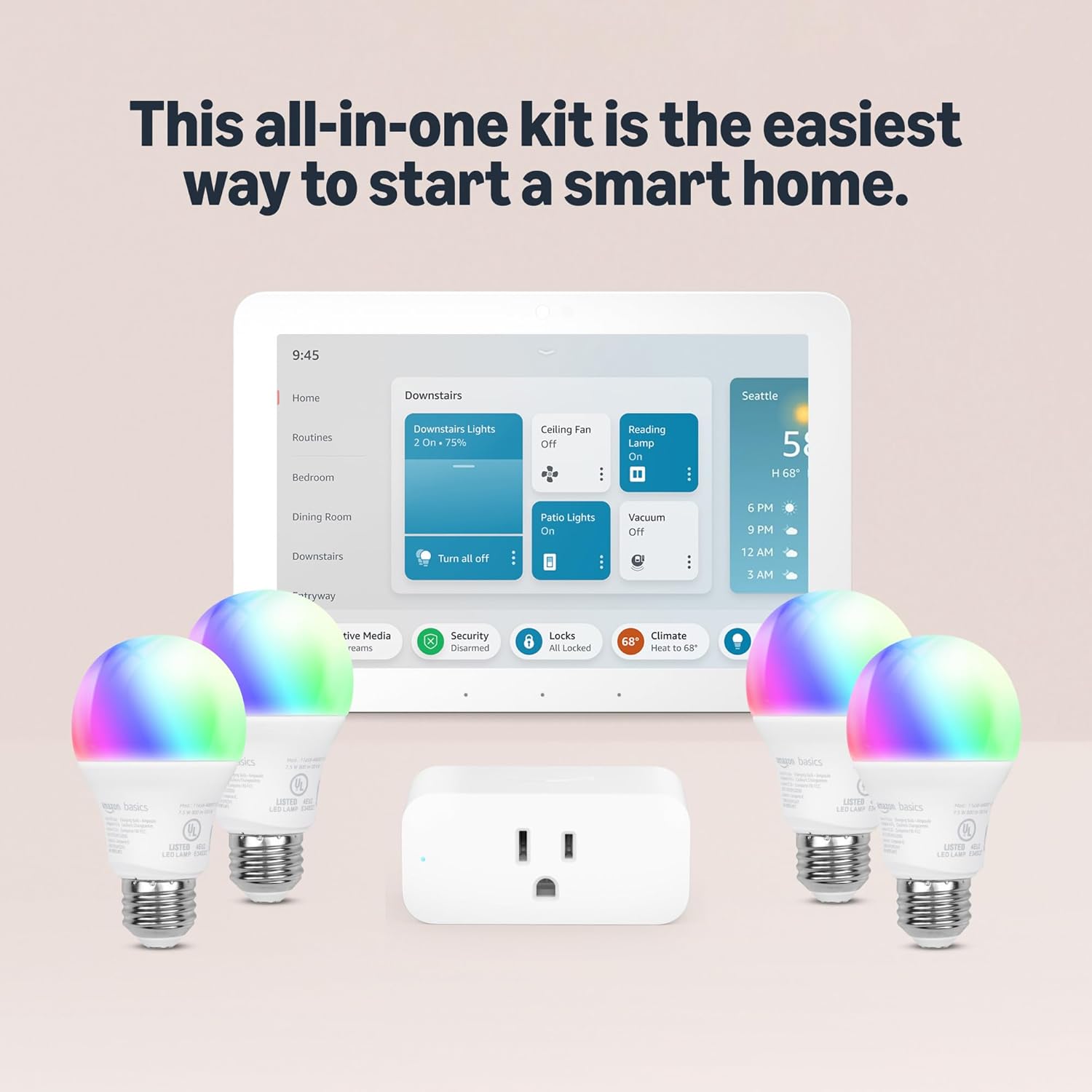 Smart Home Starter Kit - Includes Echo Hub, Amazon Smart Plug and 4 Amazon Basics Smart Bulbs, Designed for Alexa+