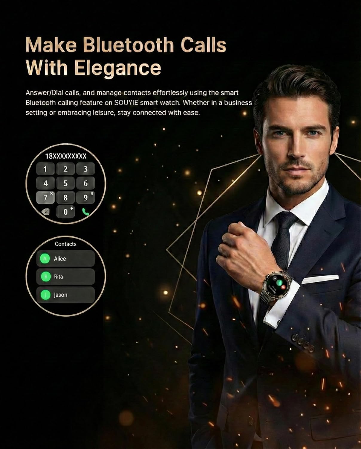 Men's Smart Watch with Bluetooth Call, 1.43" AMOLED Round Dial, Luxury Stainless Steel & Silicone Bands, Business Sport Fitness Tracker, Heart Rate/Blood Pressure/Sleep Monitor for iOS Android BK 2Straps