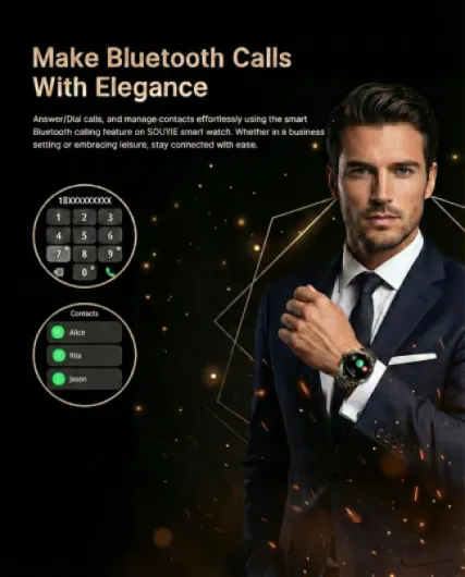 Men's Smart Watch with Bluetooth Call, 1.43" AMOLED Round Dial, Luxury Stainless Steel & Silicone Bands, Business Sport Fitness Tracker, Heart Rate/Blood Pressure/Sleep Monitor for iOS Android BK 2Straps