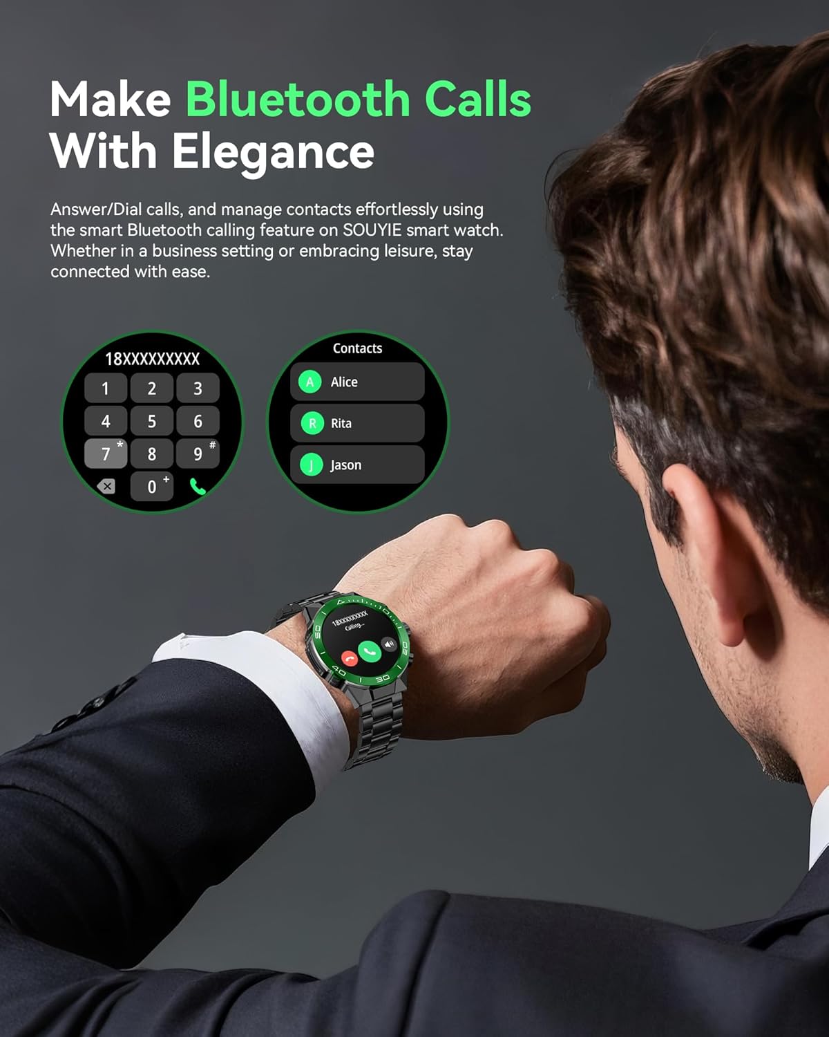 Men's Luxury Smart Watch - 1.43" AMOLED Display Smartwatch with HD Bluetooth Calling, 400mAh 30-Day Battery, 100+ Sports Modes, Health Monitor with Metal/Silicone Straps for Android iPhone Black+Green