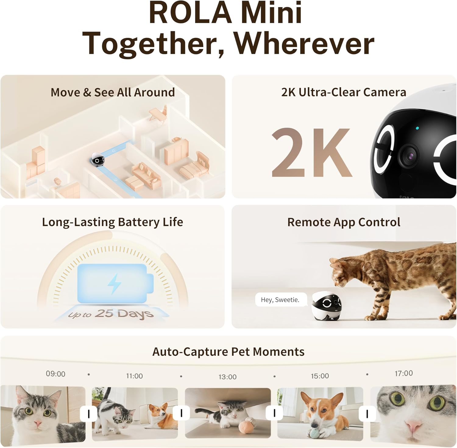 ROLA Mini FamilyBot 2K Pet Camera Robot: Movable Indoor Camera Battery-Powered with Phone App, One-Touch Call, 2-Way Talk, Night Vision, Motion Detection, Video Recording