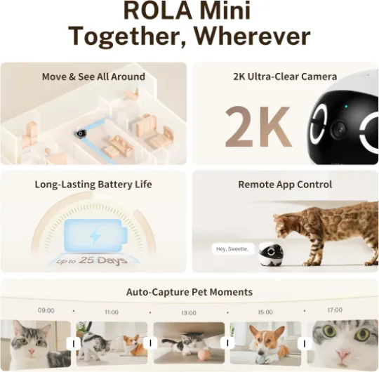 ROLA Mini FamilyBot 2K Pet Camera Robot: Movable Indoor Camera Battery-Powered with Phone App, One-Touch Call, 2-Way Talk, Night Vision, Motion Detection, Video Recording