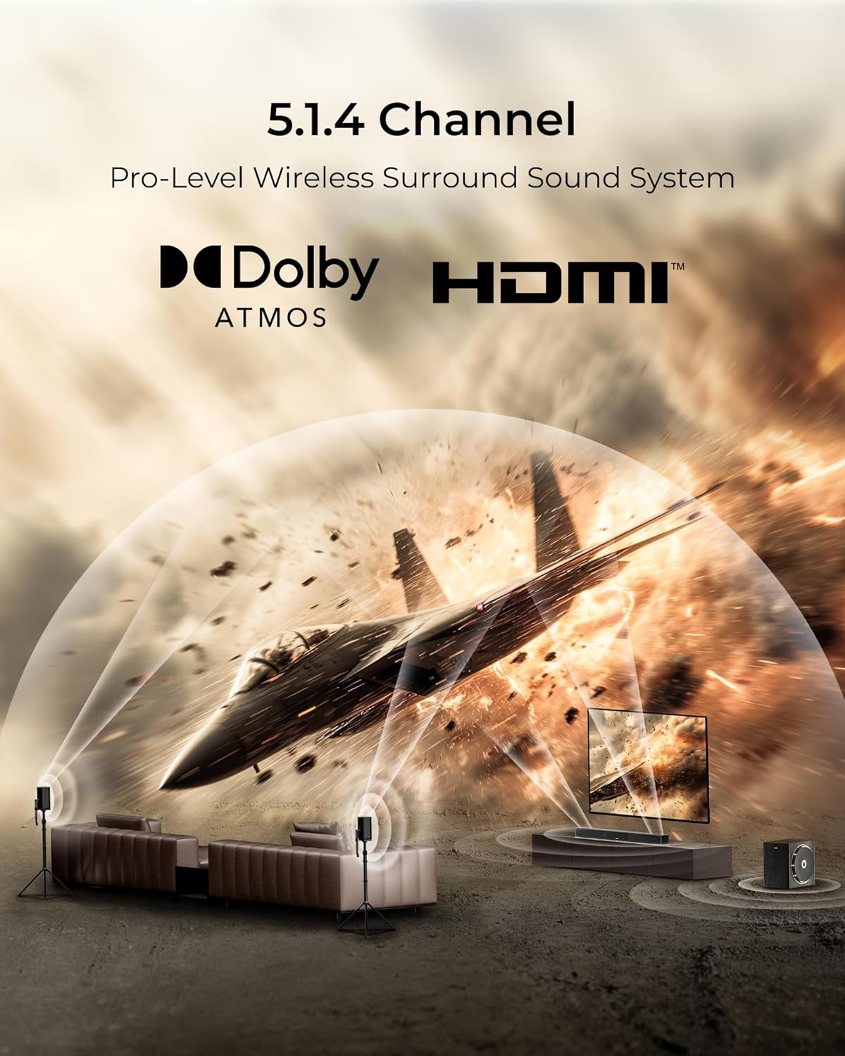 Skywave X50 5.1.4ch Wireless Surround Sound System for TV, 760W Professional Sound Bar w/Dolby Atmos, 2 Wireless Surround Speakers & 8" Subwoofer, GaN Amplifier, 4K HDR Pass-Through, HDMI eARC U422A