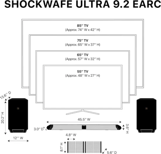 Shockwafe Ultra 9.2.4 Channel Soundbar System with Dolby Atmos/DTS:X, Dual 10" Subwoofers, 4 Rear Surround Speakers, 1300 Watts Max Output Power Ultra 9.2 DTS-X/Atmos/eARC/SSE Max