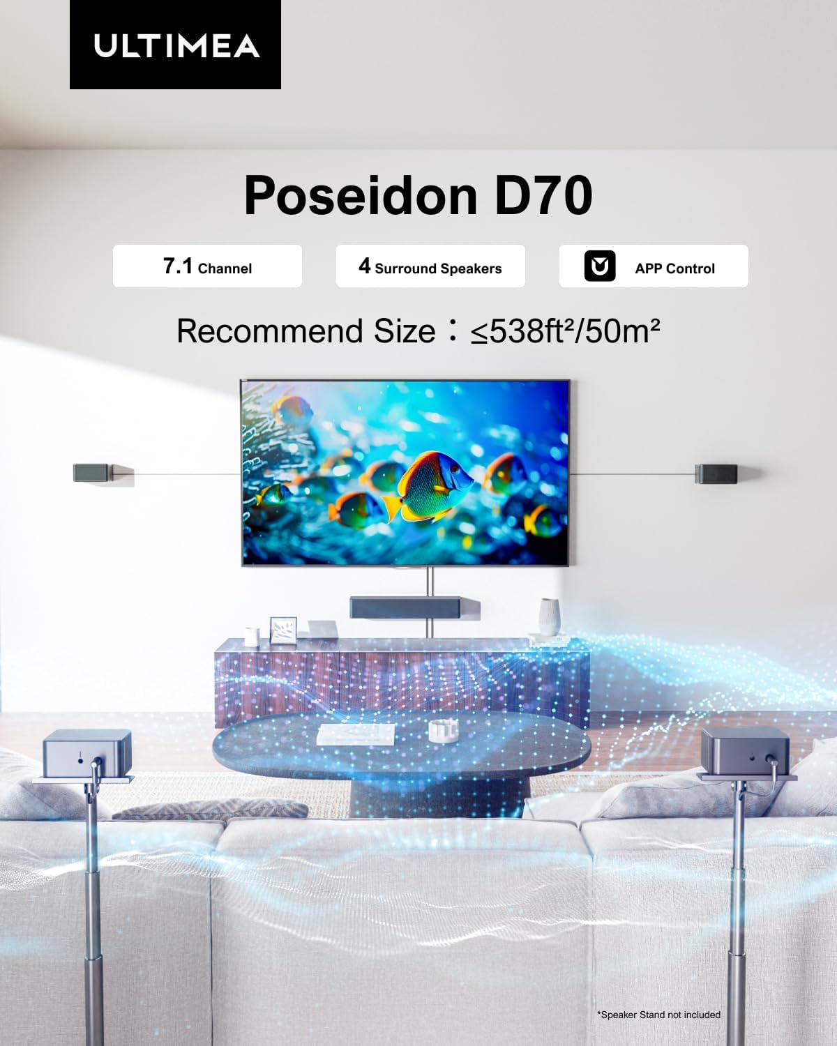7.1ch Soundbar with Wireless Subwoofer, Virtual Surround Sound System for TV, App Control, 410W Peak Power, Sound bar for TV, 4 Wired Surround Speakers, Home Theater Sound System Poseidon D70 U2600