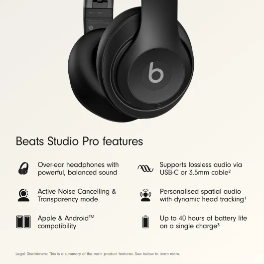 Beats Studio Pro - Premium Wireless Over-Ear Headphones- Up to 40-Hour Battery Life, Active Noise Cancelling, USB-C Lossless Audio, Apple & Android Compatible - Black Black Standalone