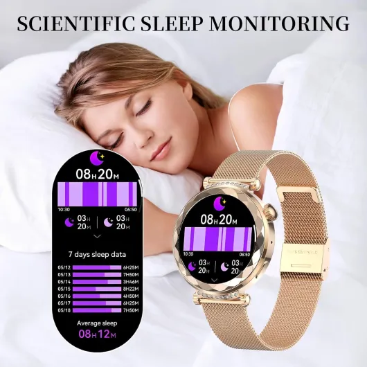 Smart Watch for Women, Fitness Tracker for Android/iOS, 1.19" AMOLED Screen Smartwatches with Female Cycle, Heart Rate, Sleep Monitor, Activity Tracking (2 Watch Bands) (Gold)