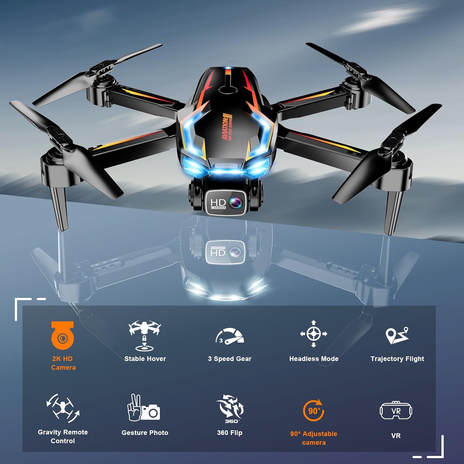 Drone with Camera for Adults, 2K HD FPV Drones with Upgrade Altitude Hold, One-Key Take Off/Landing, Speed Adjustment, Headless Mode, 2 Batteries, Toys Gifts for Teen Boys Girls, Beginner BlackOrbage