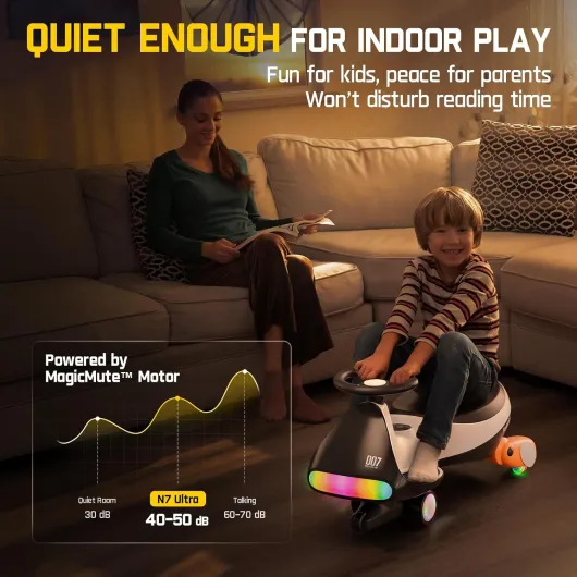 N7 Ultra Electric Wiggle Car, Ultra-Quiet Motor, Type-C Rechargeable, 2 Speeds up to 4 MPH, 9 Color LED Lights, Digital Display, Ride On Toy for Kids, Ages 3+, Penguin Black