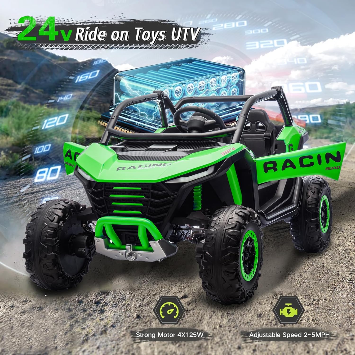 XXL 24V Kids Battery Powered Ride on Toys, 2 Seater Ride on Car with Remote Control, 4WD Four Wheeler Electric Car for Kids to Drive w/Bluetooth, LED Lights, EVA Tires, Green