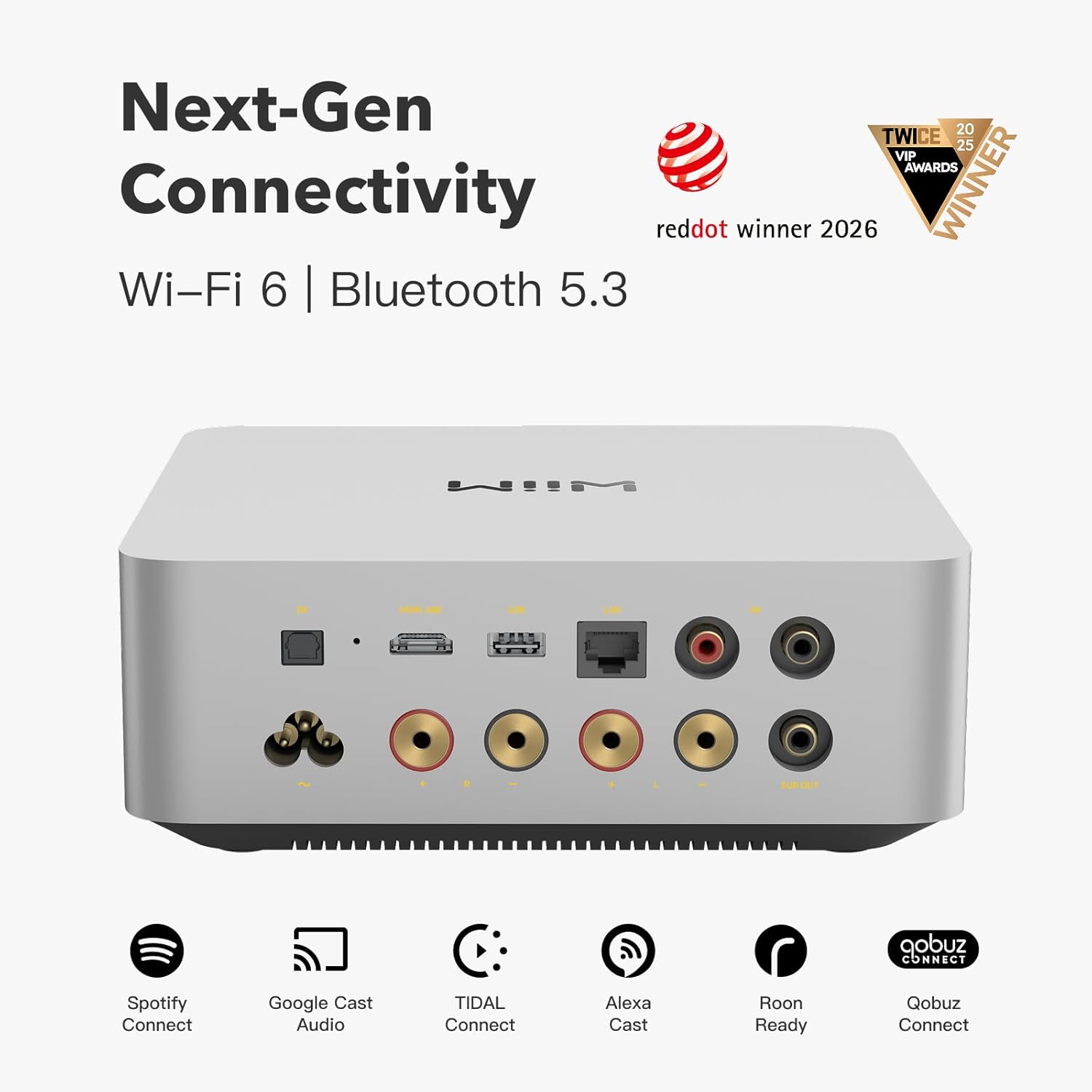 Amp Ultra with Voice Remote 2 - 100W Streaming Amplifier with Premium ESS ES9039Q2M DAC & Dual TI TPA3255 Amps - Built-in RoomFit EQ & Touchscreen - HDMI ARC, Optical, RCA Inputs - Silver