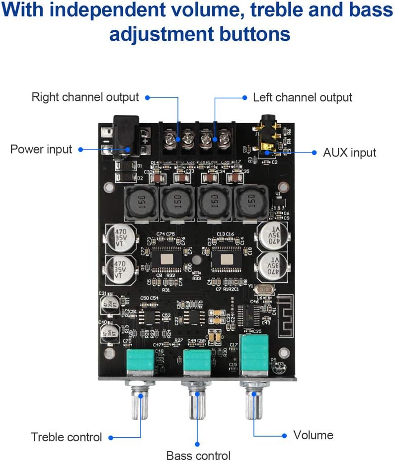 ZK-1002T RPO 2.0 Channel Bluetooth 5.0 Amplifier Board 200W HiFi Subwoofer Audio AMP with Treble and Bass, BT USB and AUX Inputs, DC 12-24V 2.0 Channel Stereo AMP Module for DIY Speakers