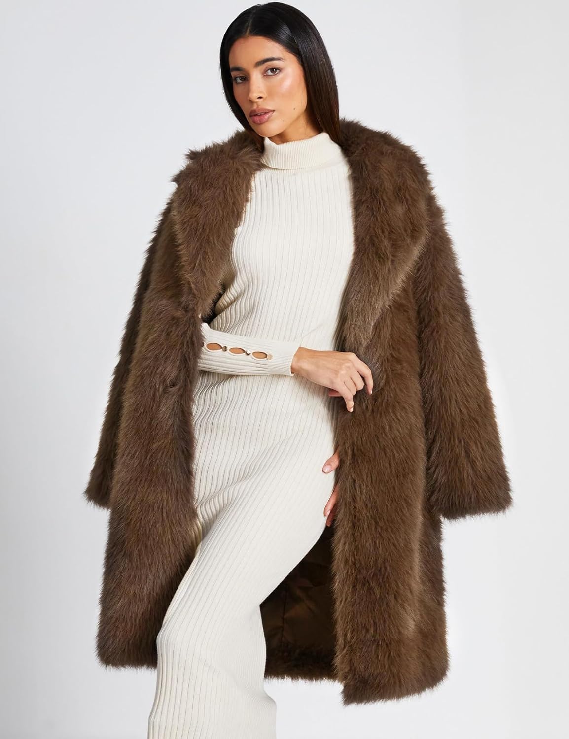 Womens Long Faux Fur Coats Winter Fluffy Open Front Luxury Overcoat Shaggy Lapel Long Sleeve Fuzzy Warm Cardigan Jacket Brown Small