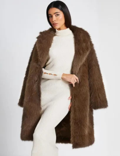 Womens Long Faux Fur Coats Winter Fluffy Open Front Luxury Overcoat Shaggy Lapel Long Sleeve Fuzzy Warm Cardigan Jacket Brown Small