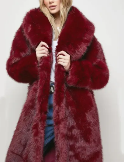 Womens Long Faux Fur Coats Winter Fluffy Open Front Luxury Overcoat Shaggy Lapel Long Sleeve Fuzzy Warm Cardigan Jacket Red Medium
