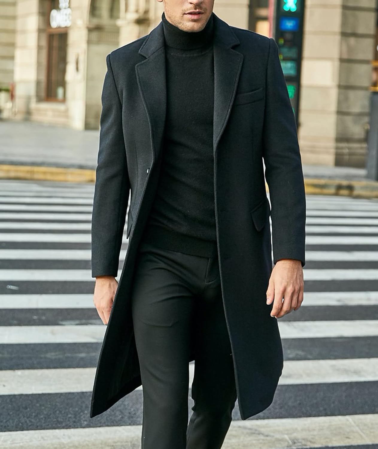 Men's Winter Trench Coat Long Sleeve Notch Lapel Single Breasted Quilted Cotton Long Overcoat Jacket Wool Pea Coat Large Black