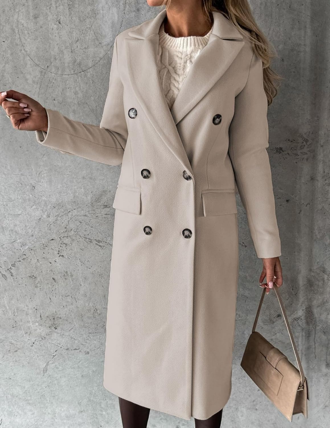 LIZALIG Women's Long Wool Double Breasted Coat - Elegant Fall Winter Peacoat Trench Style Outerwear for Daily Wear Beige Small