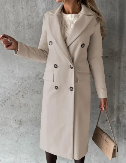 LIZALIG Women's Long Wool Double Breasted Coat - Elegant Fall Winter Peacoat Trench Style Outerwear for Daily Wear Beige Small