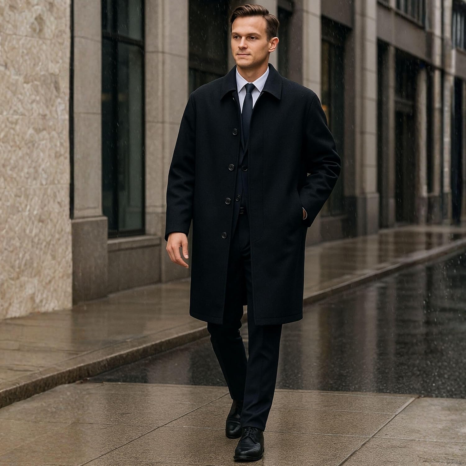 Zach Men’s Wool Blend Overcoat – Knee-Length Trench Coat, Runs Large for Layering Over Suits or Sweaters X-Large Black