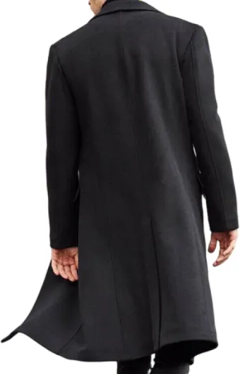 Men's Casual Trench Coat Slim Fit Notched Collar Long Jacket Overcoat Single Breasted Pea Coat wih Pockets Small Black