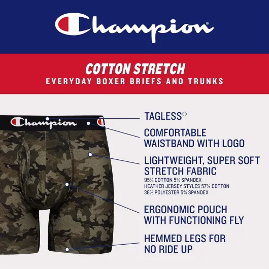 Men's Everyday Cotton Stretch 5 Pack Boxer Briefs, Total Support Pouch, Moisture-Wicking, No Ride-up Fit Large Black - 5 Pack