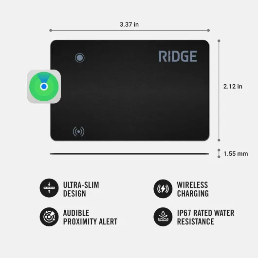 Ridge Wallet Tracker Card Compatible with Apple Find My, Slim Tracking Card - Wallet Finder, Item Locator for Luggage Tags, Passports, Phone - MFi Certified, IPX67 Water Resistance