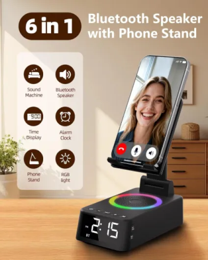 Cell Phone Stand with Bluetooth Speaker, White Noise Machine with 20 Soothing Sounds, Digital Alarm Clock for Bedroom, Bedside Desk Gadget, Gifts for Men Women, Dad, Teens, Cool Tech Gadgets