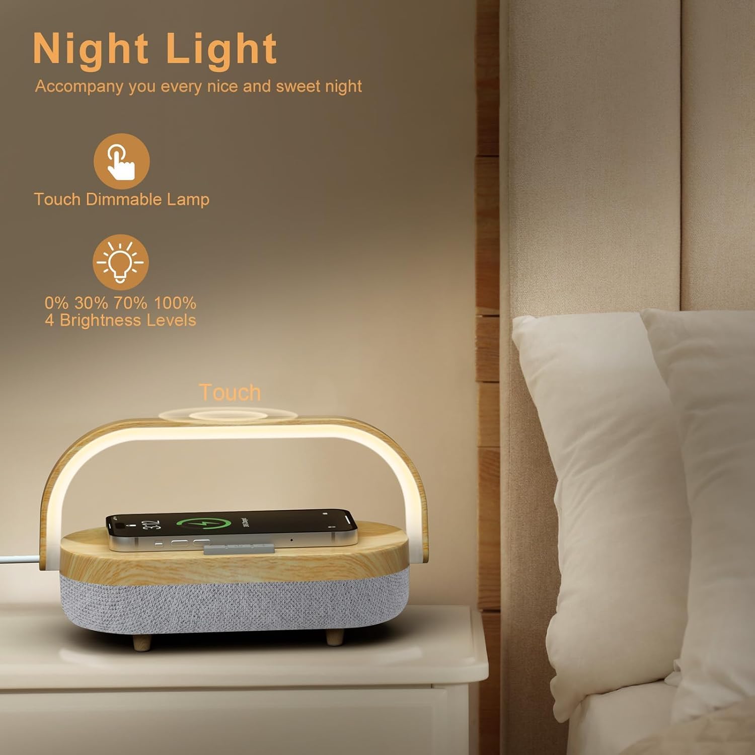 Nightstand Lamp with Wireless Charger,4 in 1 Touch Bedside Lamp Bluetooth Speaker,Portable Dimmable LED Night Light,Corporate Gifts Premium for Employees Clients,Birthday Gifts Women Wife Friend Wood