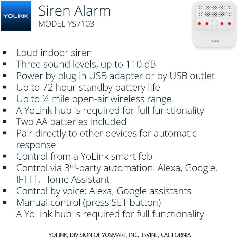 Smart Siren Alarm, Loud 110 dB, Wireless Security Siren for Home Security/Intrusion/Burglar, Panic Alerts, Audible Alerts, Remote Control, Alexa, Google, Home Assistant, IFTTT - Hub Required Without Hub