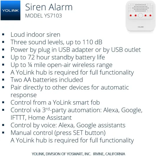Smart Siren Alarm, Loud 110 dB, Wireless Security Siren for Home Security/Intrusion/Burglar, Panic Alerts, Audible Alerts, Remote Control, Alexa, Google, Home Assistant, IFTTT - Hub Required Without Hub